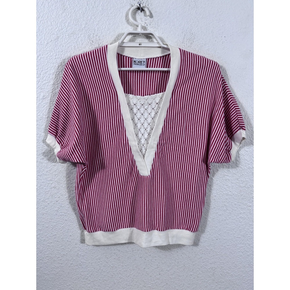 Vintage Koret Francisca Top Womens M Red Stripe Crochet V Neck Nautical Y2K